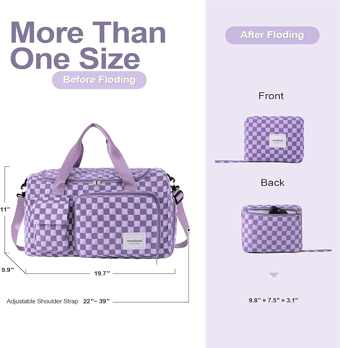 WOOMADA Foldable Travel Duffel Bag with Shoes Compartment, Overnight Bag with Wet Pocket & Trolley Sleeve, Weekender Bags for Women (violet checkerboard) - Image 2
