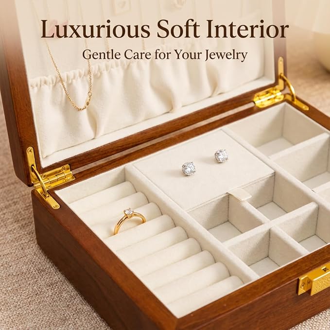 Solid Black Walnut Jewelry Box with Lock and Key Large Capacity Vintage Wooden Organizer for Women and Men Ring Necklace Earring Cufflink Storage Removable Dividers Gift for Christmas - Image 4