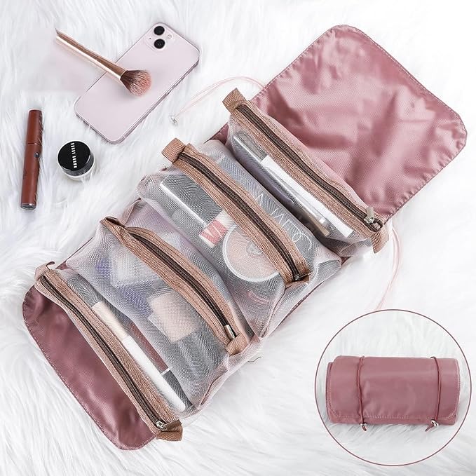 Roll-Up Makeup Cosmetic Bag with 4 Removable Pouches | Hanging Toiletry Organizer for Travel, Personal Care, Makeup | Makeup Bag | Makeup Cosmetic Accessories & Brushes (Red) - Image 3