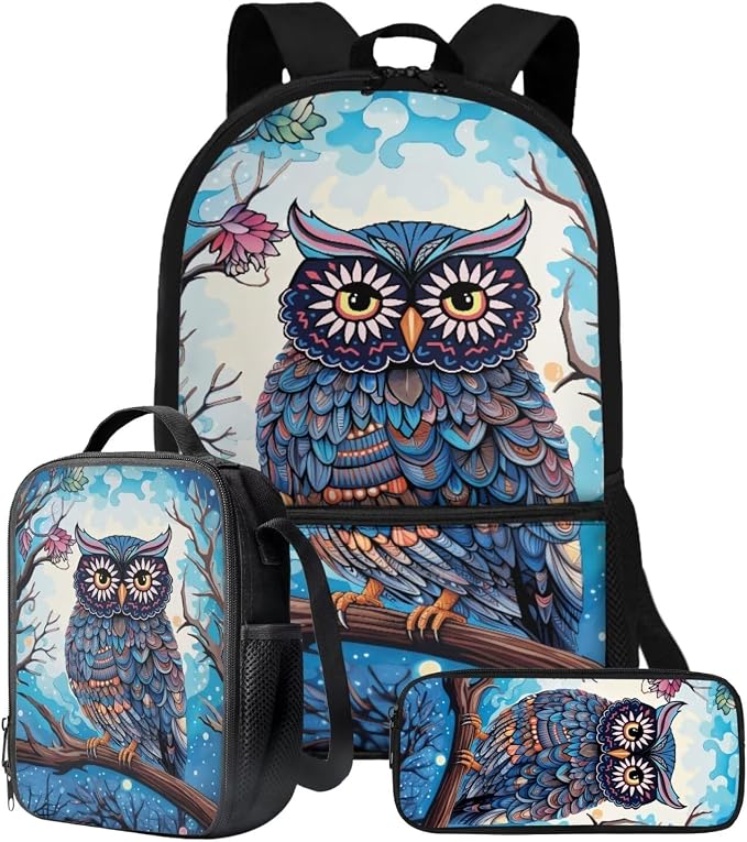 Retro Owl Branch Print Schoolbag Set for Student Backpacks Large Capacity Bookbag Lunch Box Pencil Case 17 Inch Travel Laptop Bag Fashion Rucksack Washable Daypack by ZIATUBLES