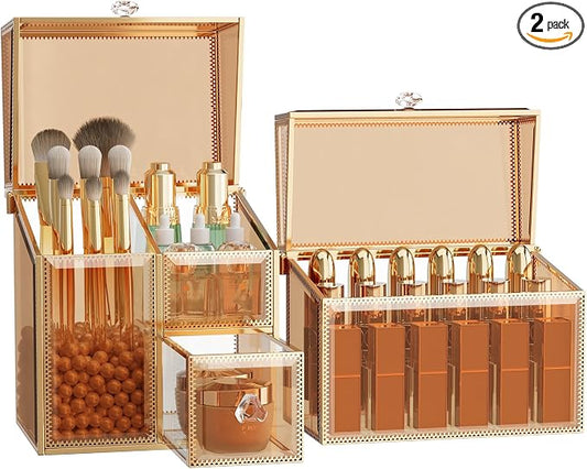 CoralHouse Makeup Organizer Countertop Set – Vanity Holder with 18-Slot Lipstick Organizer & Covered Makeup Brush Holder – Skincare, Perfume & Cosmetic Display for Bathroom or Dresser by Coralhouse