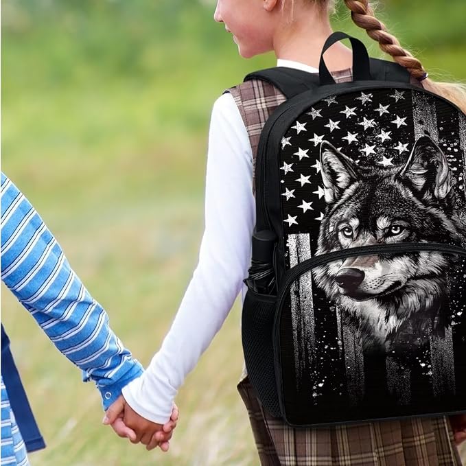 Wolf School Backpack for Boys, American Flag Black Bookbag Set of 4, Kids 17 Inch Laptop Backpack Pen Case Lunch Box Water Bottle Holder for Middle Elementary Senior Year School Ages 8-10 - Image 7
