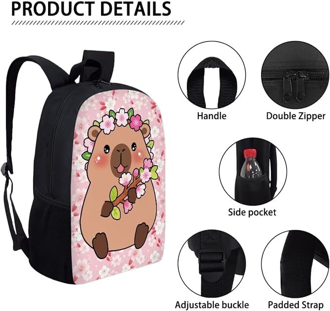 Capybara Bubble Tea Star Print Kids Backpask Set, Durable Lightweight School Bag Set with Lunch Bag and Pencil Case, Knapsack Set Suitable for School, Picnic or Travel, Pink - Image 4