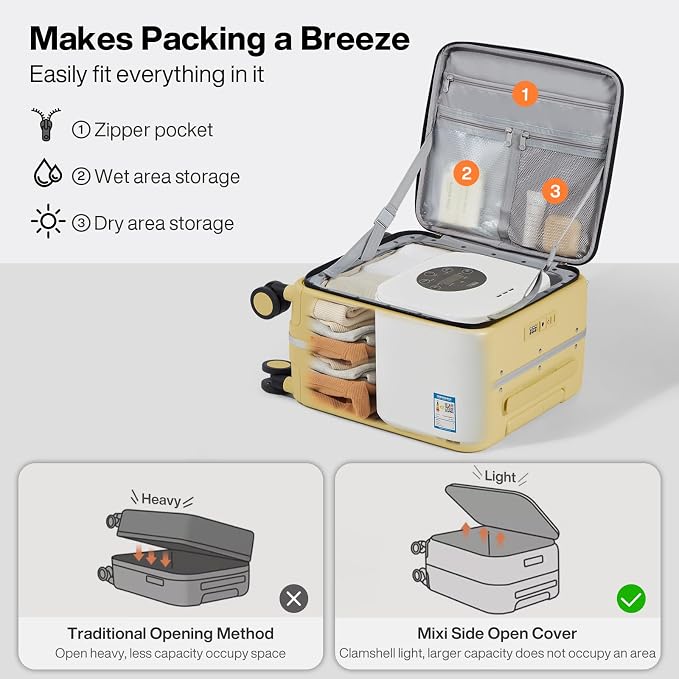 mixi 17x14x9 Carry On Luggage Underseat PC Hard Shell Suitcase Top Opening Aluminum Frame Travel Suitcases with Wheels, Lark Yellow - Image 7