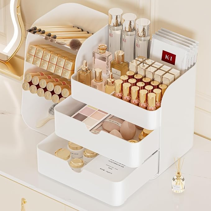 Booklov Small Makeup Organizer for Vanity and Bathroom Countertop, White | Plastic Cosmetic Display Case with Drawers, Beauty Brush Holder for Dresser Counter, Storage Skin Care Eyeshadow Lipstick by Booklov