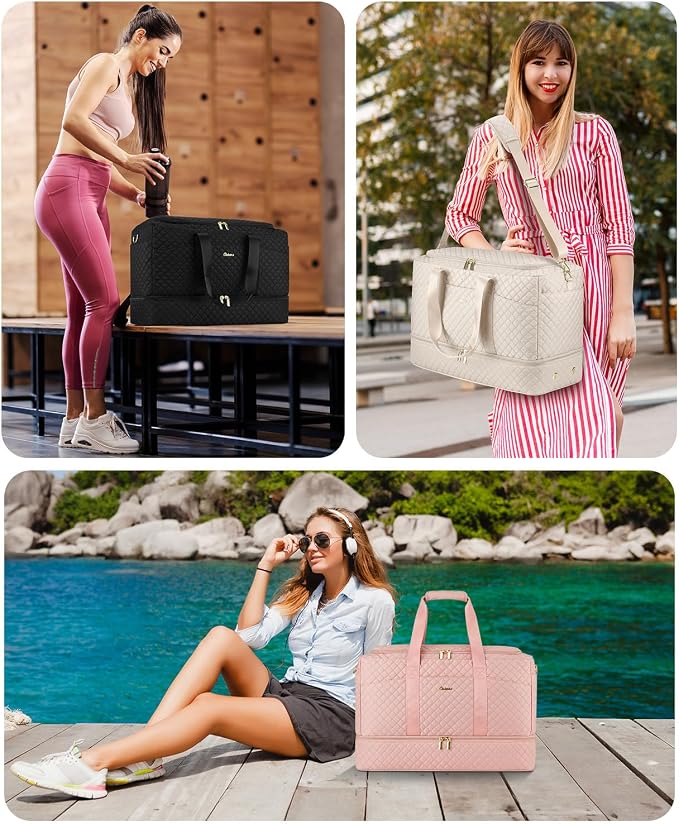 Duffle Bag for Travel, Weekender Bag with Shoe Compartment, Carry On Overnight Bag for Women with Toiletry Bag Duffel Bags with Wet Pocket for Gym Hospital Bags for Labor and Delivery Beige - Image 7