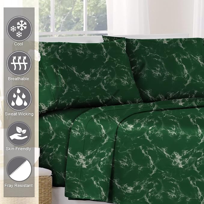 Pizuna Pure 100% Cotton Flat Sheets Only Full Marble Green (1 PC), Luxurious 400 Thread Count Long Staple Cotton Sateen with 4" Hem (Combed Full Flat Sheet Only Cotton) - Image 2