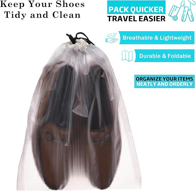 Kuber Industries Shoe Cover | Travel Shoe Storage Bags | PVC Storage Bags | Drawstring Shoe Cover | Transparent Shoe Storage Organizer | Lining-Design | Pack of 12 | White - Image 2