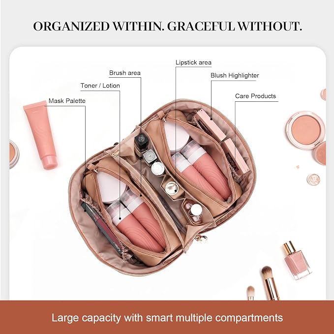 Travel Makeup Bags Cosmetic Organizer: 3Pcs Set Puffy Make up Bag for Women | Apricot Premium Quilted ELEGANCE Design | Large Capacity Leather Toiletry Bags | Wide Open Compact Case for Travel Essentials - Image 5