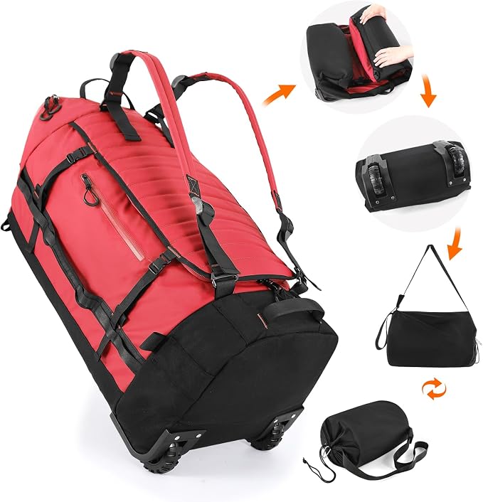Vomgomfom 86L Foldable Duffle Bag with Wheels - Waterproof Rolling Travel Bag, Collapsible Luggage No Telescopic Handle, for Men Women Camping Sports Weekend Trips，Red - Image 8