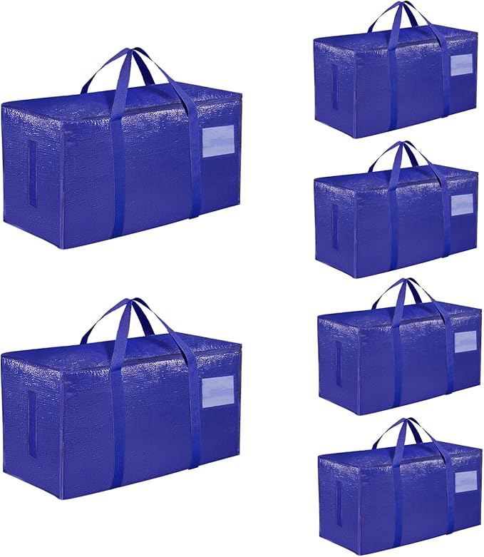 6 Pack-Extra Large Heavy Duty Moving Bags - Waterproof Storage Totes with Handles & Zippers, Foldable for College Dorm, Storage (Blue) by Unknown