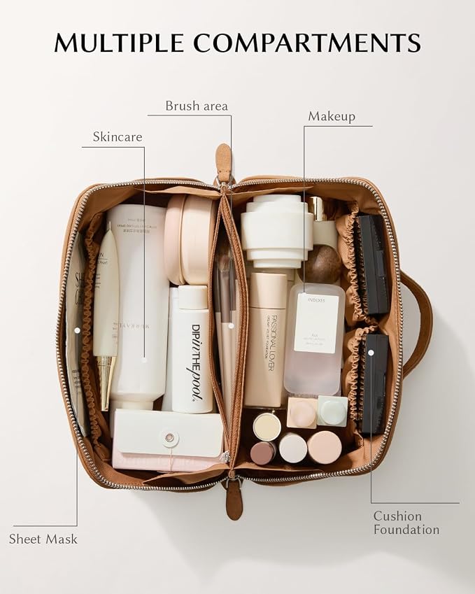 EACHY Leather Makeup Bag, Portable 180° Wide-Open Flat Cosmetic Bag for Women, Large Capacity Make Up Organizer Makeup Pouch with Divider and Handle - Image 2