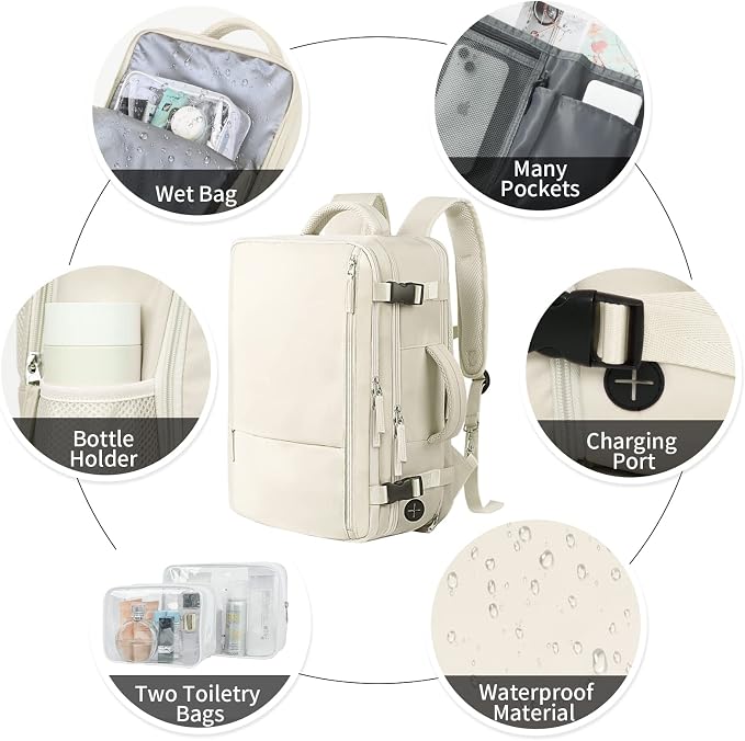 Hanples Travel Backpack for Women, 17 Inch Waterproof Laptop Backpack | 40L Large Carry on Backpack, TSA Flight Approved Anti Theft Travel Bag, Casual Daypack with 2 Toiletry Bags for Trips, Beige - Image 6