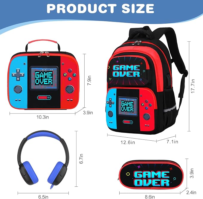 Bevalsa Backpack for Boys, School Bags for Kids with 3.5mm Jack Wired Headphones, Lunch Box & Pencil Case, Gamer Backpack for Kids Children Teens for Elementary Middle School Student (Red Blue) - Image 2