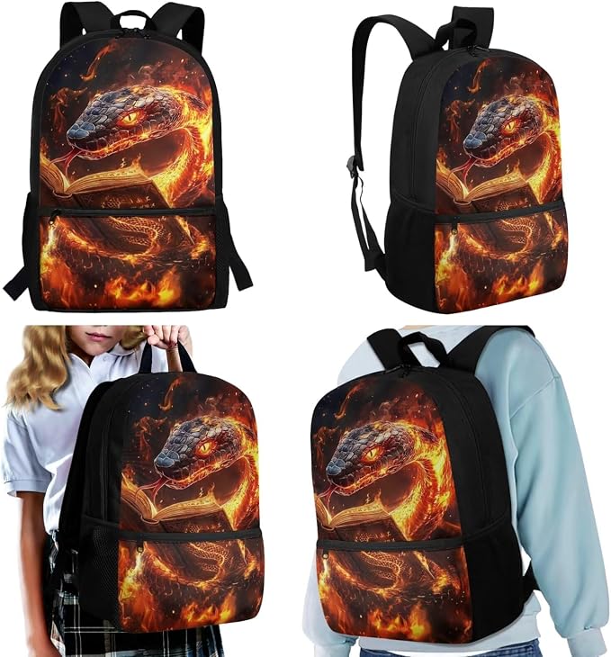Reading Boys Snake School Backpack 4Pcs Set with Insulated Lunch Box Pencil Case Water Bottle Holder 17 Inch Cool Fire Snake Bookbag Ages 5-12 Grades K-6 Back to School Birthday Gifts - Image 2