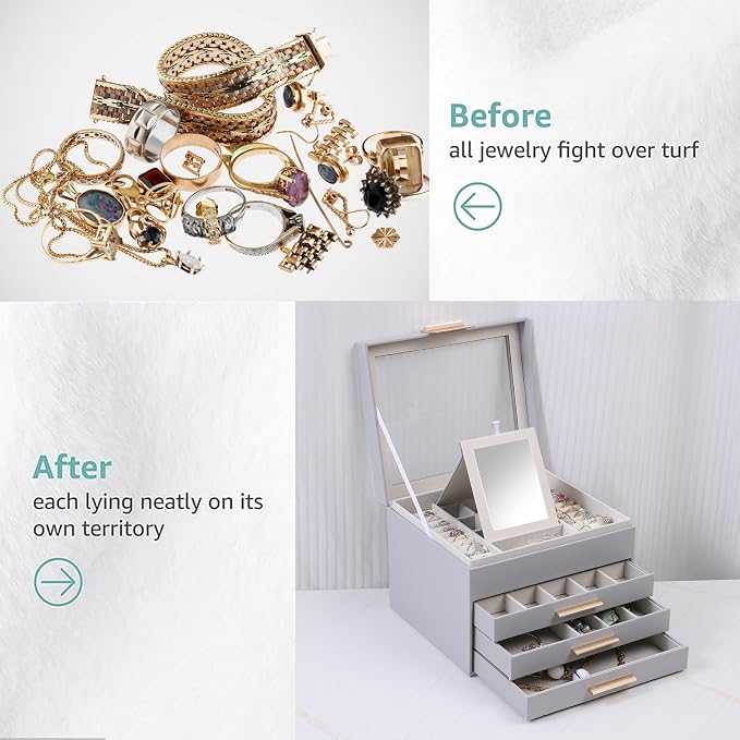 BOOVO Clear Lid Jewelry Box,3 Layers Jewelry Organizer Large Jewelry Storage Box with 2 Drawers,Jewelry Holder Organzier of Rings Earrings Necklace Bracelets for Women (Grey, 4 Layer) - Image 7
