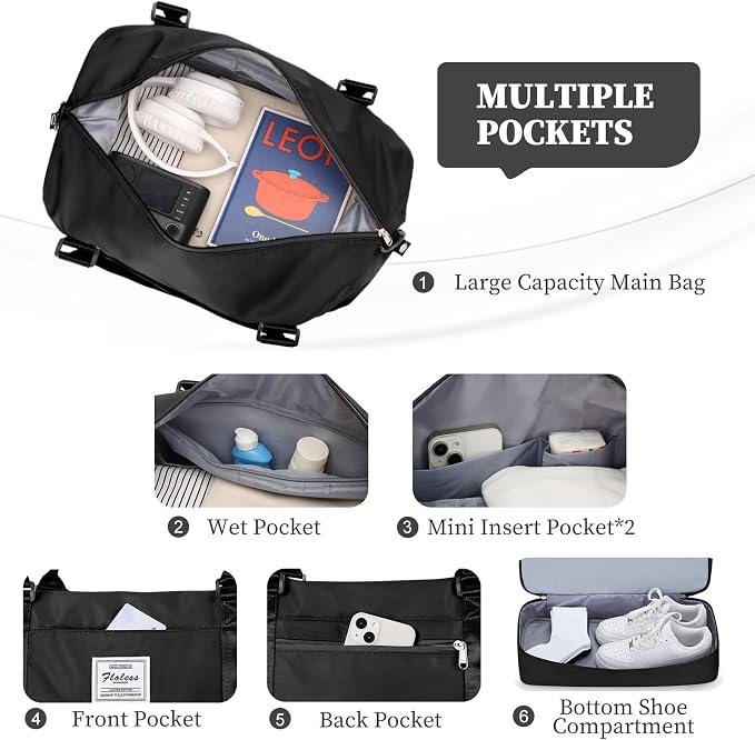 Weekender Bags for Women,Travel Duffle Overnight Bag with Shoe Compartment,Personal Item Carry On Bag,3 Pcs Set,Medium(Black) - Image 6