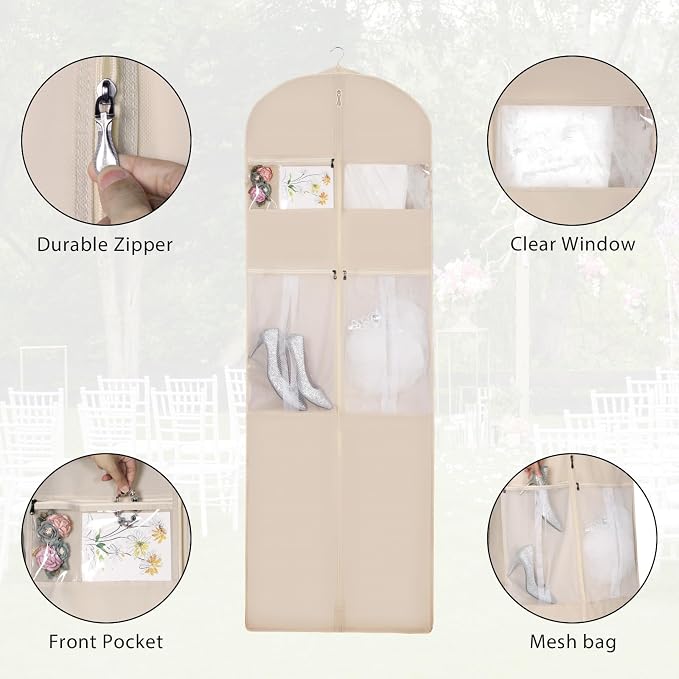 Zilink 72" Wedding Dress Garment Bag Dress Bags for Gowns Bridal Garment Bag for Long Dresses with 12”Gusseted and Accessory Pockets for Wedding Dress, Puffy Gowns [Upgraded Version], Beige - Image 3