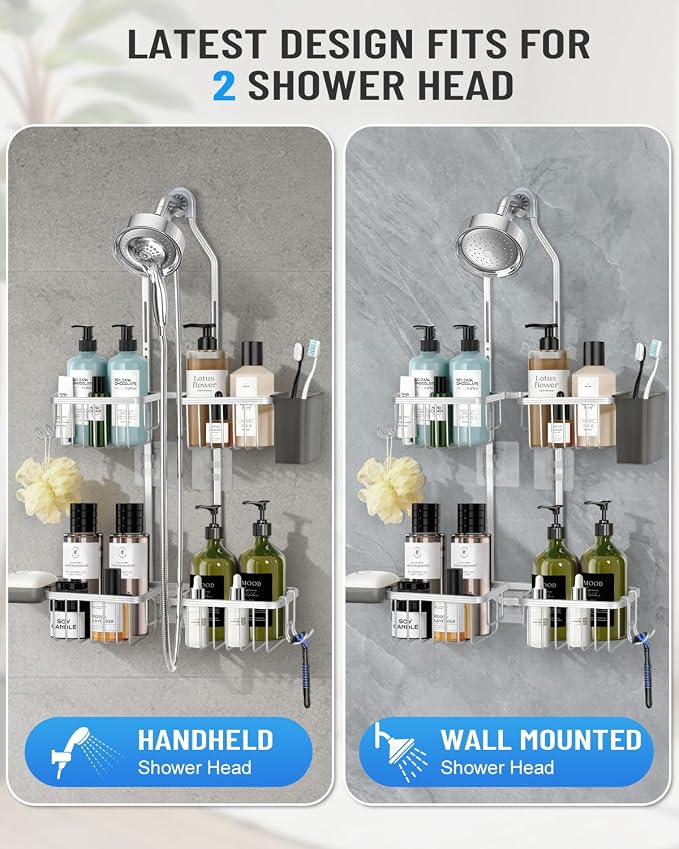 Adjustable Shower Caddy Hanging for Handheld Showerheads - Never Rust Shower Hanging Organizer, Upgraded Bathroom Shower Rack with Soap Basket, Hooks and Toothbrush Holder (Silver) - Image 3