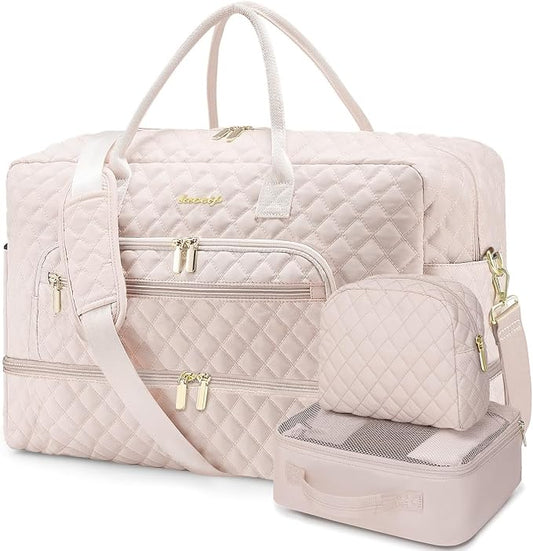 Large Women's Travel Duffle, Weekender with Shoe Compartment, Carry On Overnight Bag, Gym Duffel with Wet Pocket, Hospital Bags for Labor and Delivery 3 PCS Set by LUOCIP