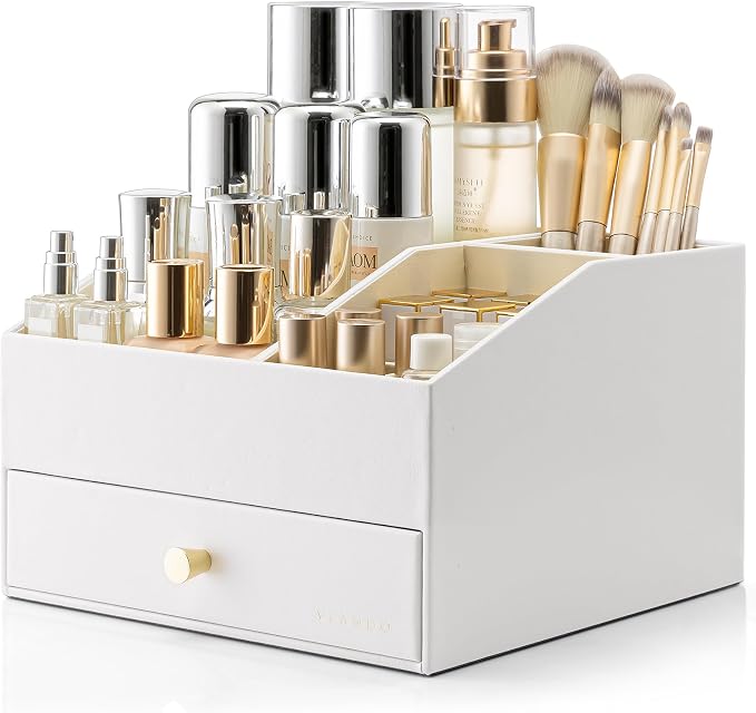 VLANDO Makeup Organizer,Vanity Organizer with Drawers, PU Leather Skincare Organizer Perfume Organizer,Large Cosmetic Display Case for Lipstick,Brushes Gifts for Women-White by VLANDO
