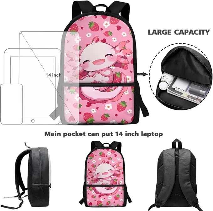 Axolotl Backpack Kids Backpack Set with Lunchbox Pencil Case and Bottle Holder Bookmark Strawberry Bookbag Set of 5 Printed Matching 5Pcs Bookbags Set for Girls Boys - Image 4