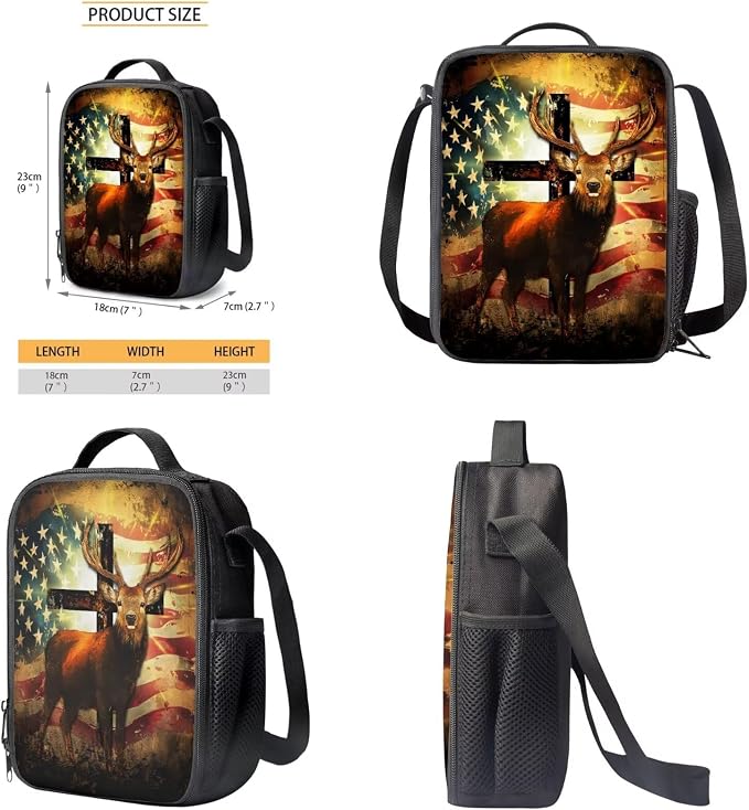 17 Inch Knapsack Set Elementary and Middle School Students Lightweight School Bag Set, Reusable Backpack Set with Lunch Bag Pen Bag, Deer American Flag Shining Cross - Image 6