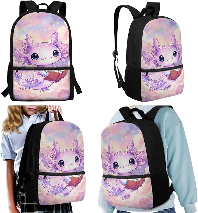 Book‑Reading Axolotl Girls School Backpack Set, 17'' 4-Piece Bookbag with Insulated Lunch Box, Pencil Case & Water Bottle Holder, Cute Schoolbag for Kids Age 6-12, Elementary Grade 1-6 - Image 2