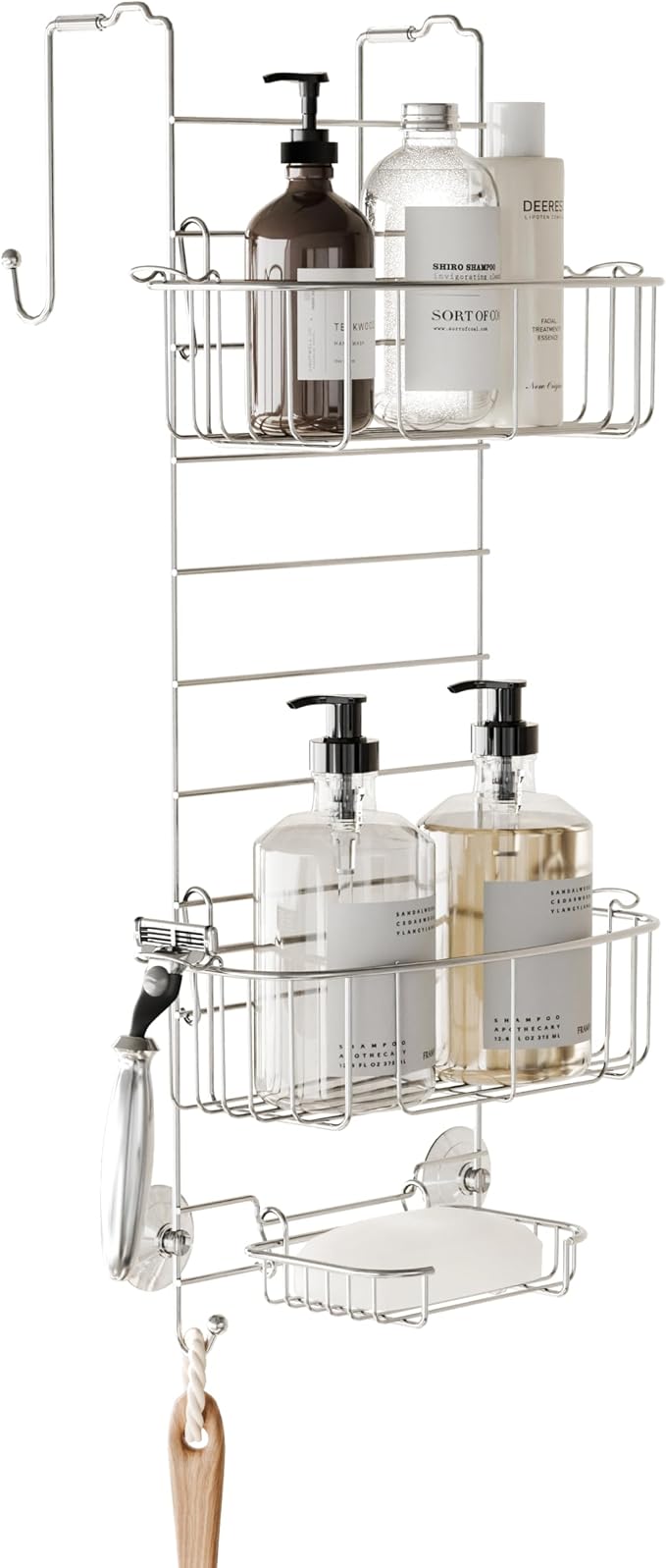 Zenna Home Shower Caddy Hanging Over the Shower Door Organizer, Stainless Steel Rack with 2 Shelves and Built in Hooks, Bathroom Organizer Shelf for Inside Shower, Stainless Steel by ZennaHome