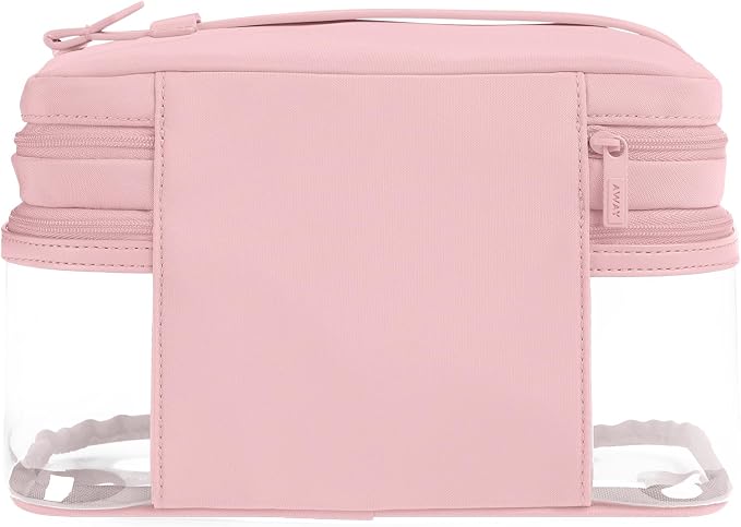 Away Clear Cosmetic Case - Water-Repellent Transparent Cosmetic Bag with 2 Compartments, Brush Holder, Interior Zip Pocket - Blush Pink - Image 2