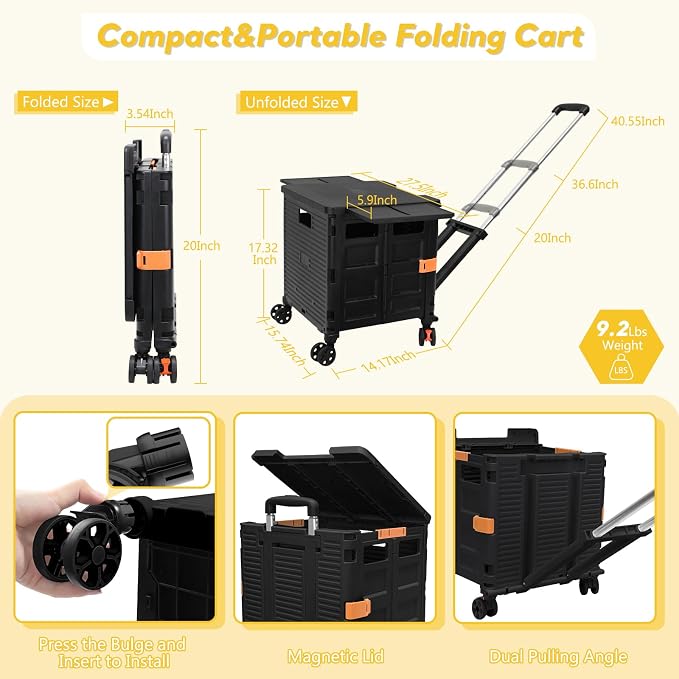 FELICON SELORSS Folding Utility Cart Portable Rolling Crate Handcart-Black | Adjustable Handle+Extended Magnetic Lid,Storage Basket Box,4 Swivel Wheels Tote for Teacher Move Shop Travel Grocery Office - Image 6