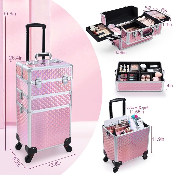 Faquenc Rolling Makeup Train Case 3 in 1 Cosmetology Case on Wheels Makeup Organizers Nail Tech Storage Cart Cosmetic Trolley Travel Barber Suitcase for Make up Manicure Hair Lockable, Shiny Pink - Image 5