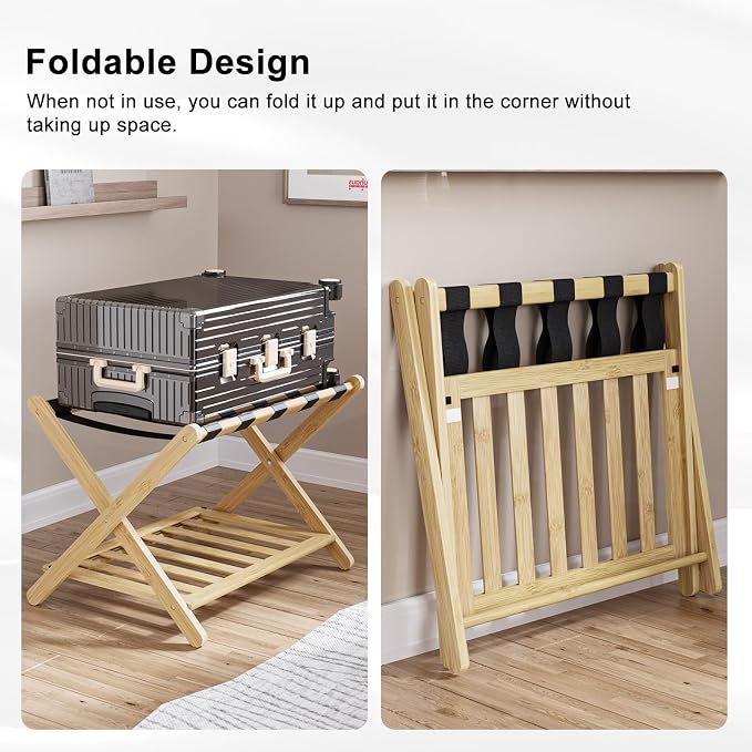 Smuxee Fully Assembled Luggage Rack for Guest Room, Upgraded Bamboo Foldable Suitcase Stand with 5 Nylon Straps, Nature Luggage Holder with Shelf for Bedroom Hotel - Image 3