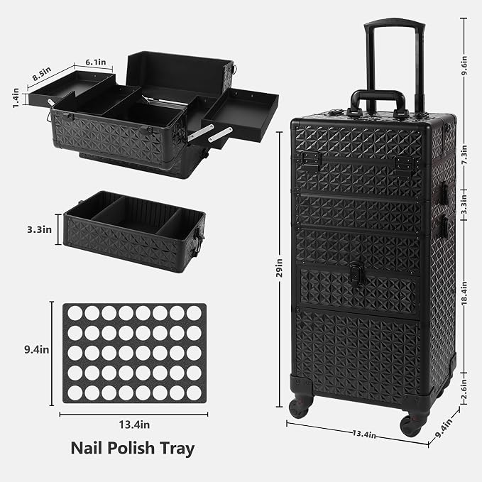 Makeup Train Case with Drawer, Rolling Makeup Case, Cosmetology Case on Wheels, Gift, Large Makeup Case Organizers, Professional for Salon Barber, Nail, Tattoo, Black - Image 4
