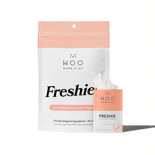 Woo More Play Freshies: All-Natural Feminine Intimacy Towelette Wipes with Coconut Water and Aloe Vera, Promotes Feminine Health & Helps Alleviate Irritation - Vegan and Cruelty Free, 20ct