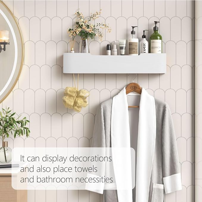 Coat Rack Wall Mount with Hidden Hooks Modern Key Holder Wood Entryway Hook with Shelf for Bedroom Kitchen Hallway Bathroom Designed for Hanging Coats Hats Bags Towels Dog Leashe(White,5 Hooks) - Image 6
