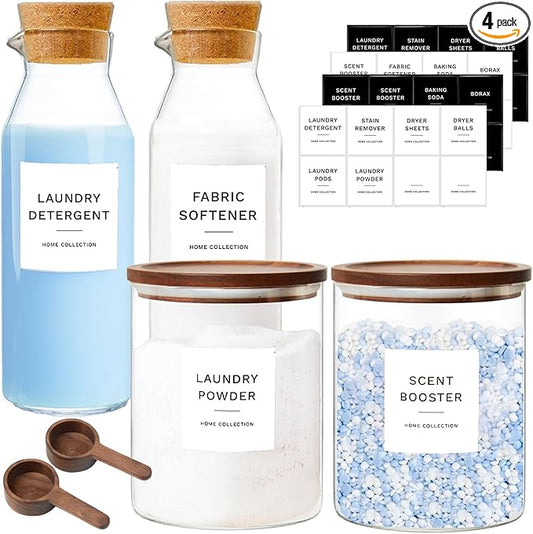 Glass Laundry Storage Containers Set, 4 Pack Liquid Detergent Dispenser with Cork Lid & Laundry Room Organization Jar with Acacia Lid, Fabric Softener Dispenser Bottles and Powder Detergent Organizer by KSOKIMER