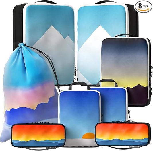 Well Traveled 8 pcs Compression Packing Bags Cubes Set with HybridMax Double-Capacity Design - Packing Cubes for Travel Compression to Maximize Limited Luggage Space, Vista by WellTraveled