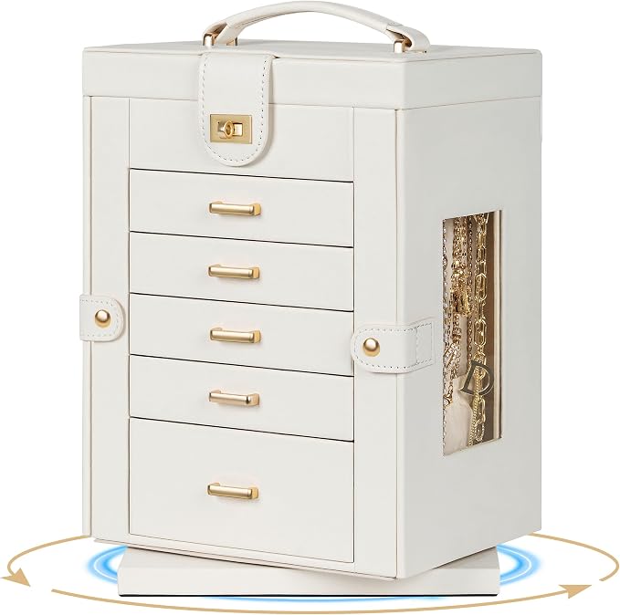 AKOZLIN 6-Tier Jewelry Box Organizer Functional 5 Drawers Leather Jewelry Storage Case for Women Girls Ring Necklace Earring Bracelet Holder Organizer with Mirror White 360° Rotating - Image 7
