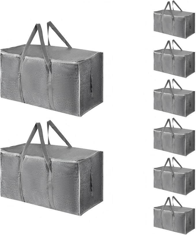 8 Pack-Extra Large Heavy Duty Moving Bags - Waterproof Storage Totes with Handles & Zippers, Foldable for College Dorm, Storage (Gray) by Unknown