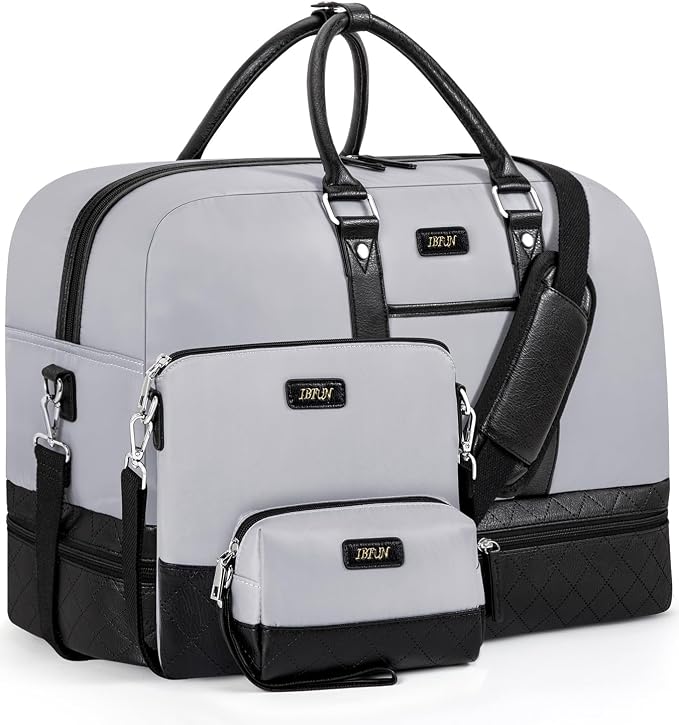 Weekender Bag for Women, Large Overnight Bag Canvas Travel Duffel Bag Carry On Tote with Shoe Compartment 21" 3Pcs Set by IBFUN