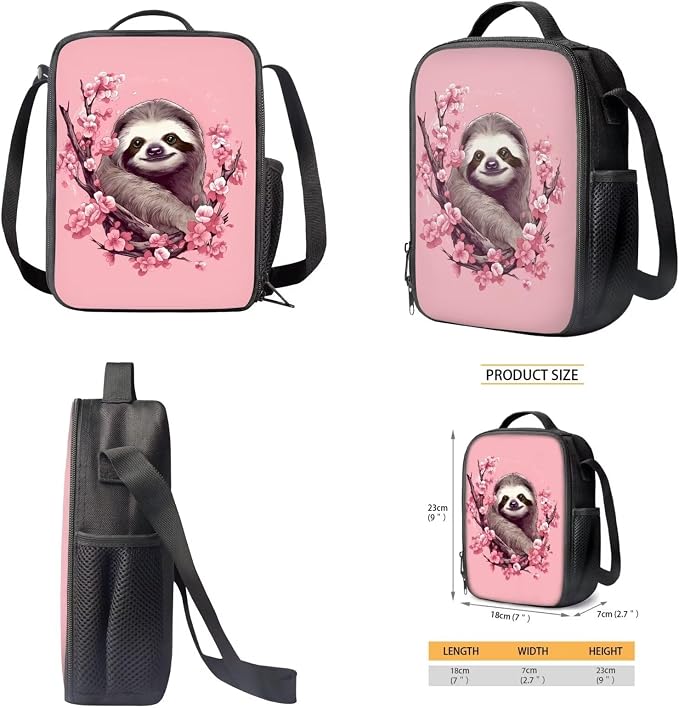 Cherry Blossom Sloth Print Student Backpack Set Lightweight Bookbag Lunch Kits Pencil Case 17 Inch Travel Laptop Computer Backpacks FashionDaypack Rucksack for Hiking - Image 4