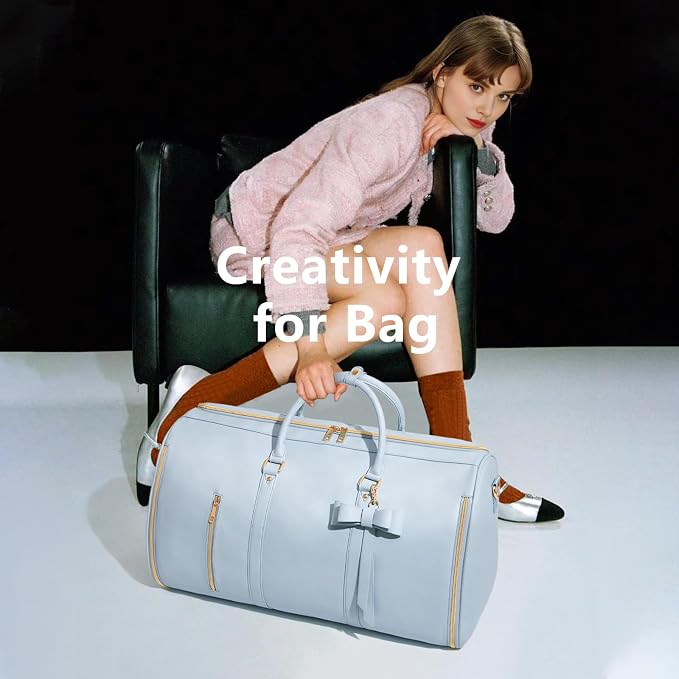Travel Duffel Bag, Convertible Travel Garment Bag for Women, Fashion & Cute Carry On Duffle Bag w/Shoes Pouch, 2 in 1 Foldable PU Leather Hanging Duffle Bag, Single-Zipper Design, Blue - Image 8