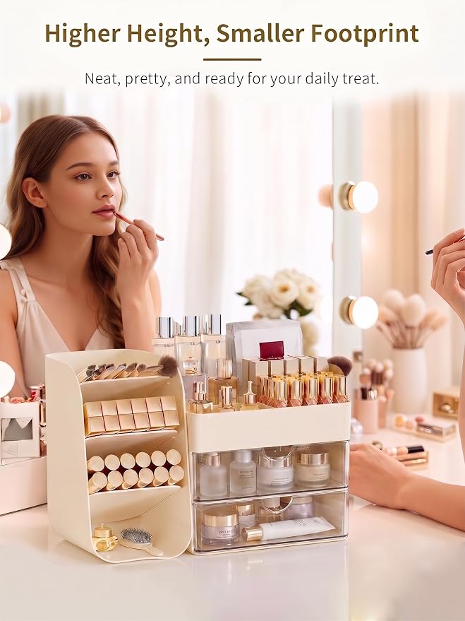 Booklov Small Makeup Organizer for Vanity and Bathroom Countertop, Cream | Clear Acrylic Cosmetic Display Case, Beauty Brush Holder for Dresser Counter Skincare Eyeshadow Lipstick Perfume Storage - Image 4