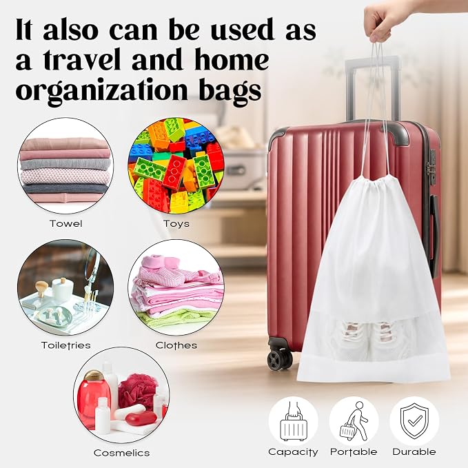 Shappy 50 Pcs White Travel Shoe Bags Non Woven Packing Drawstring Sacks Clear Window Large Storage Pouch Organizer for Men Women - Image 6