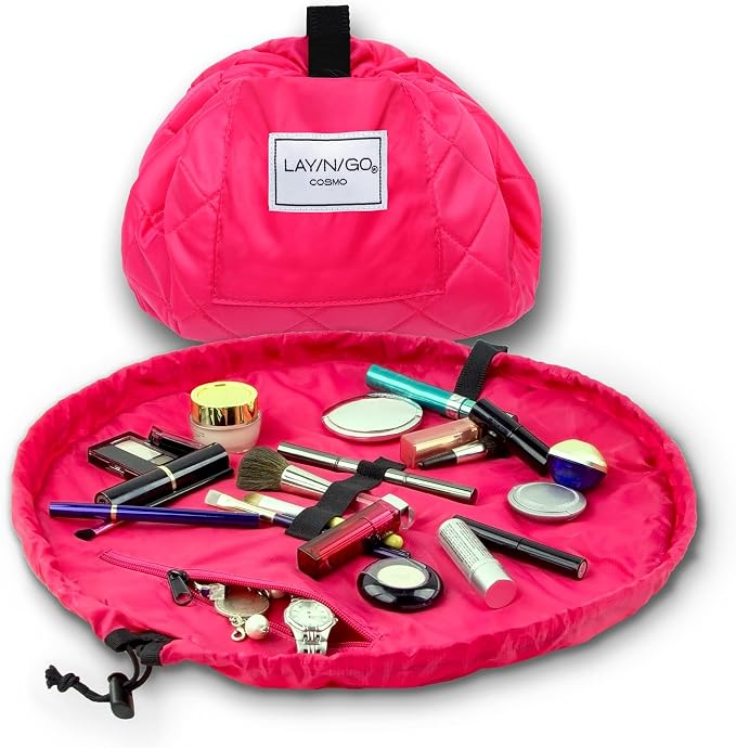 Lay-n-Go Cosmo Layflat Drawstring Cosmetic & Makeup Bag Organizer w/Zipper Pocket, Brush Loops & More, Cinch to Close, Lay Flat to Use, Durable, Machine Wash, Travel Toiletry Bag (20", Pink) by Lay-n-Go