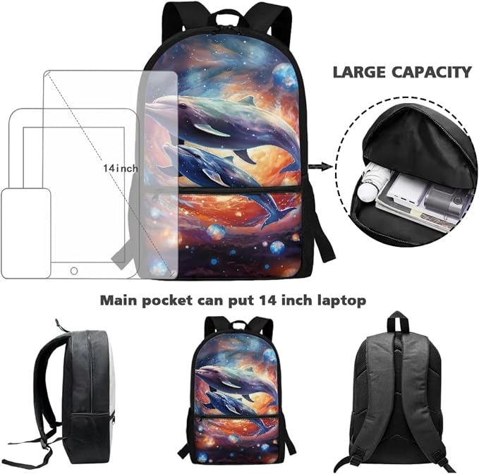 Galaxy Dolphin Print Backpack Set Schoolbag for Student Large Capacity Bookbag Lunch Box Pencil Case 17 Inch Travel Laptop Backpacks Fashion Rucksack Daypack with Side Pockets - Image 3