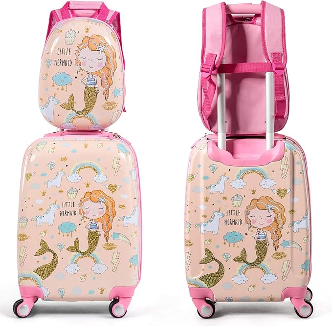 HONEY JOY Kids Luggage, 12" Toddler Backpack & 18" Travel Suitcase with Wheels, Lightweight Toddler Girls Suitcase, Durable ABS Hardshell, 2Pcs Carry On Luggage Set for Boys Girls, Pink Mermaid - Image 9