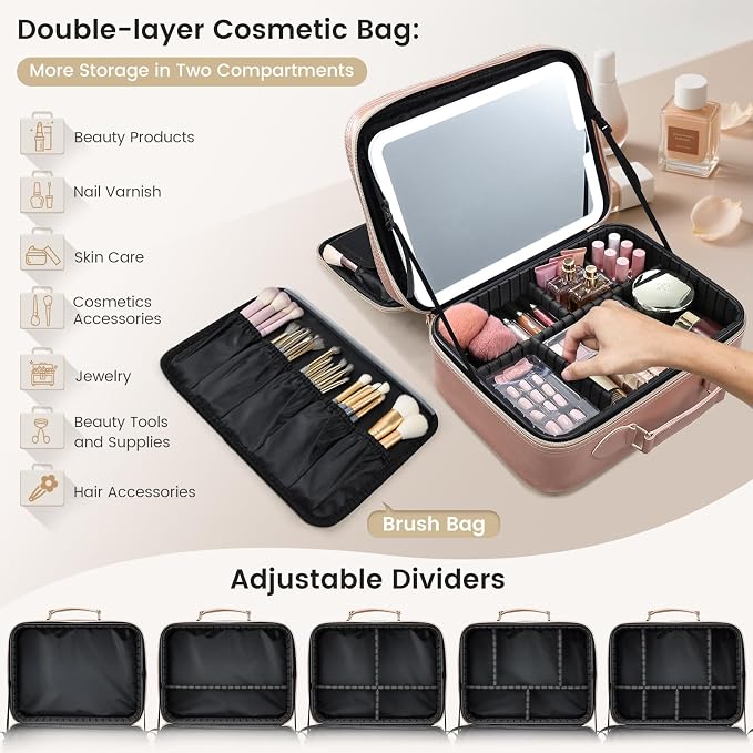 Faquenc Makeup Bag with LED Lighted Mirror 12.2 IN Cosmetic Train Case Double Layer Makeup Case Adjustable Brightness in 3 Colors Cosmetic Organizer Artist Storage with Brush Holder Vanity Smoky Pink - Image 6