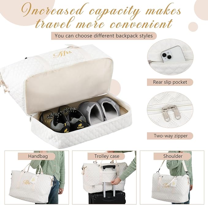 Dansydaisy 4 Pcs Duffel Bag Set Include 2 Honeymoon Travel Bags with Shoe Compartment and 2 Luggage Tags(19.7 x 9.8 x 15.7 Inches,Mr and Mrs,Black,White) - Image 3